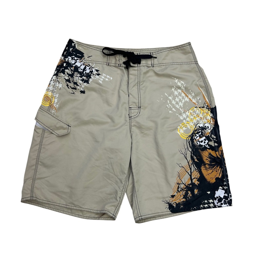 Vintage Surf Board Shorts Tan Skull Grunge Graphic Mens 32 Large billabong insp
